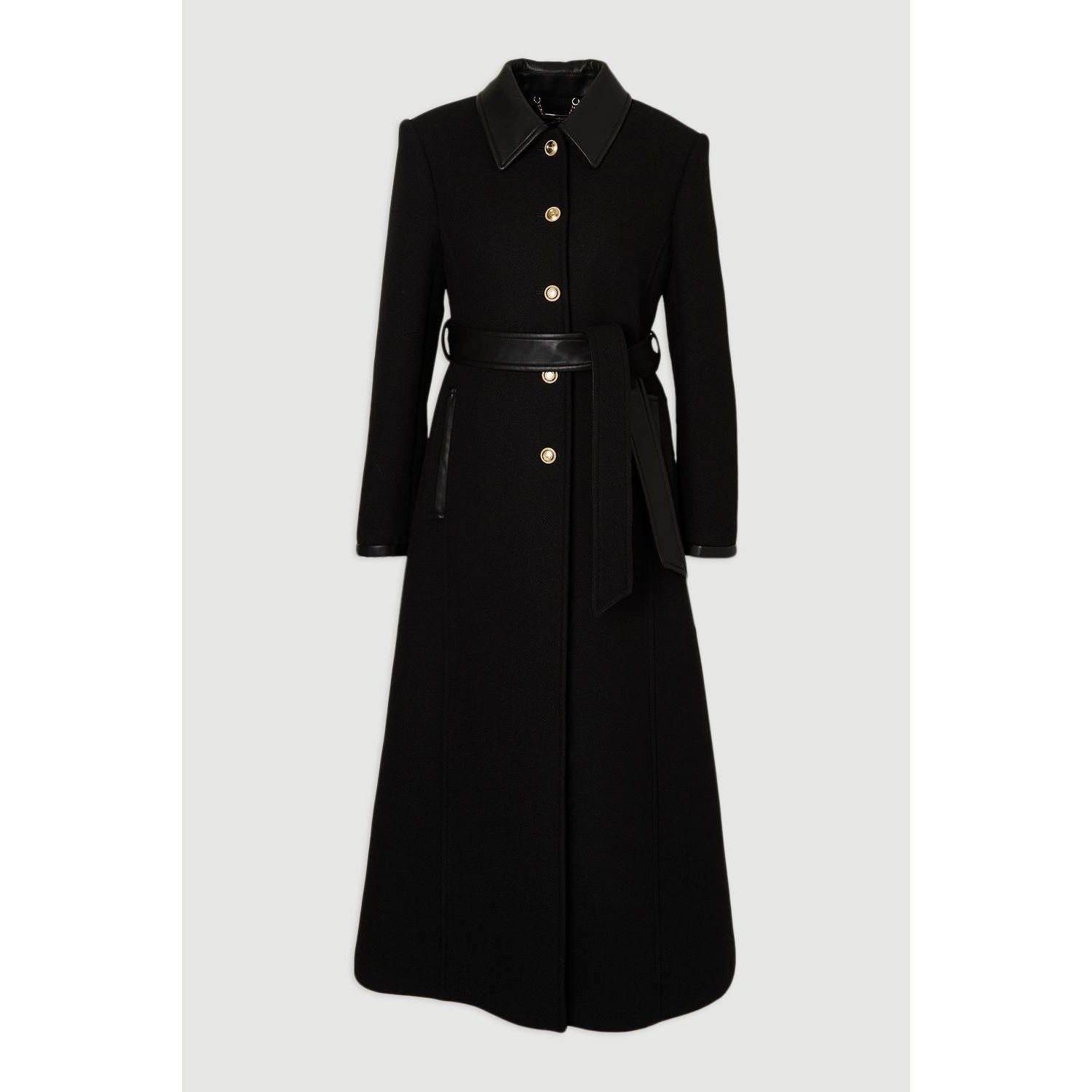 Women's Wool Pu Mix Belted Tailored Maxi Coat