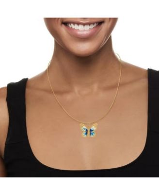 Solid 14k Yellow Gold 18 Inch Italian Blue Enamel Textured Butterfly Necklace