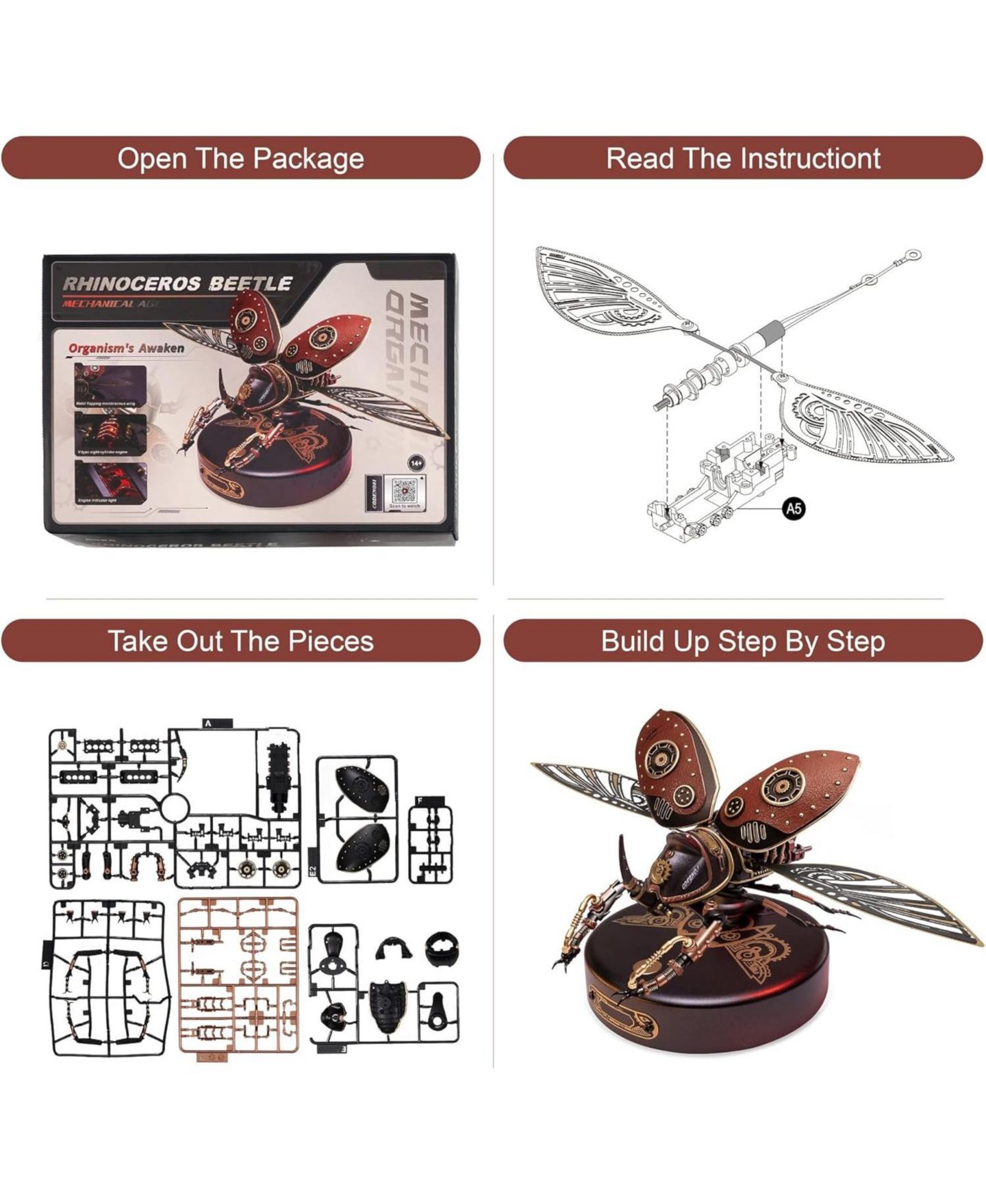 Детский конструктор Robotime Steampunk Mechanical Rhinoceros Beetle Touch-Activated LED 156-Piece 3D Metal Puzzle Building Set, Ages 8+ — фото 3