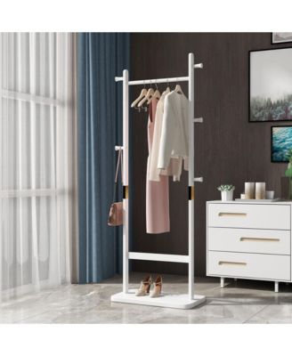 Solid Wood Coat Rack, Freestanding Clothes Organizer with Hanging Rod, Hooks, Storage Stand for Coats and Bags, Perfect for Entryway