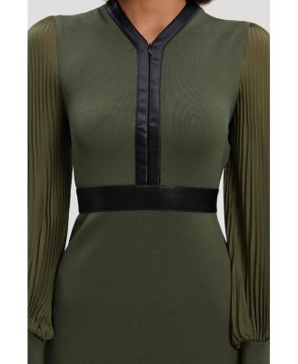 Women's Pu Trim Woven Sleeved Pleated Dress