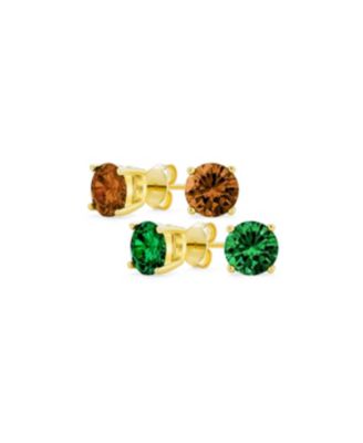 Set of 2 Round Solitaire CZ Cubic Zirconia Stud Earrings Gold Plated .925 Sterling Silver 5-10MM
