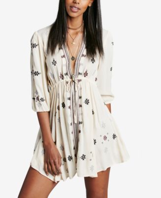 Free People outlet Stargazer Mini Dress Embroidered V-Neck Tie Waist Black Blue Small