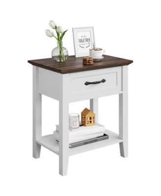 Wood Bedside Table With 1 Drawer and Open Storage Shelf, Industrial Side Table