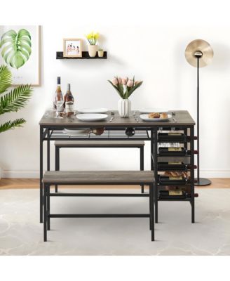 4-Pc. Wood Dining Table Set with Wine Rack and Storage Shelves