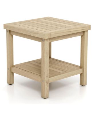 2-Tier Outdoor Side Table, Teak Wood End Table with Storage Shelf