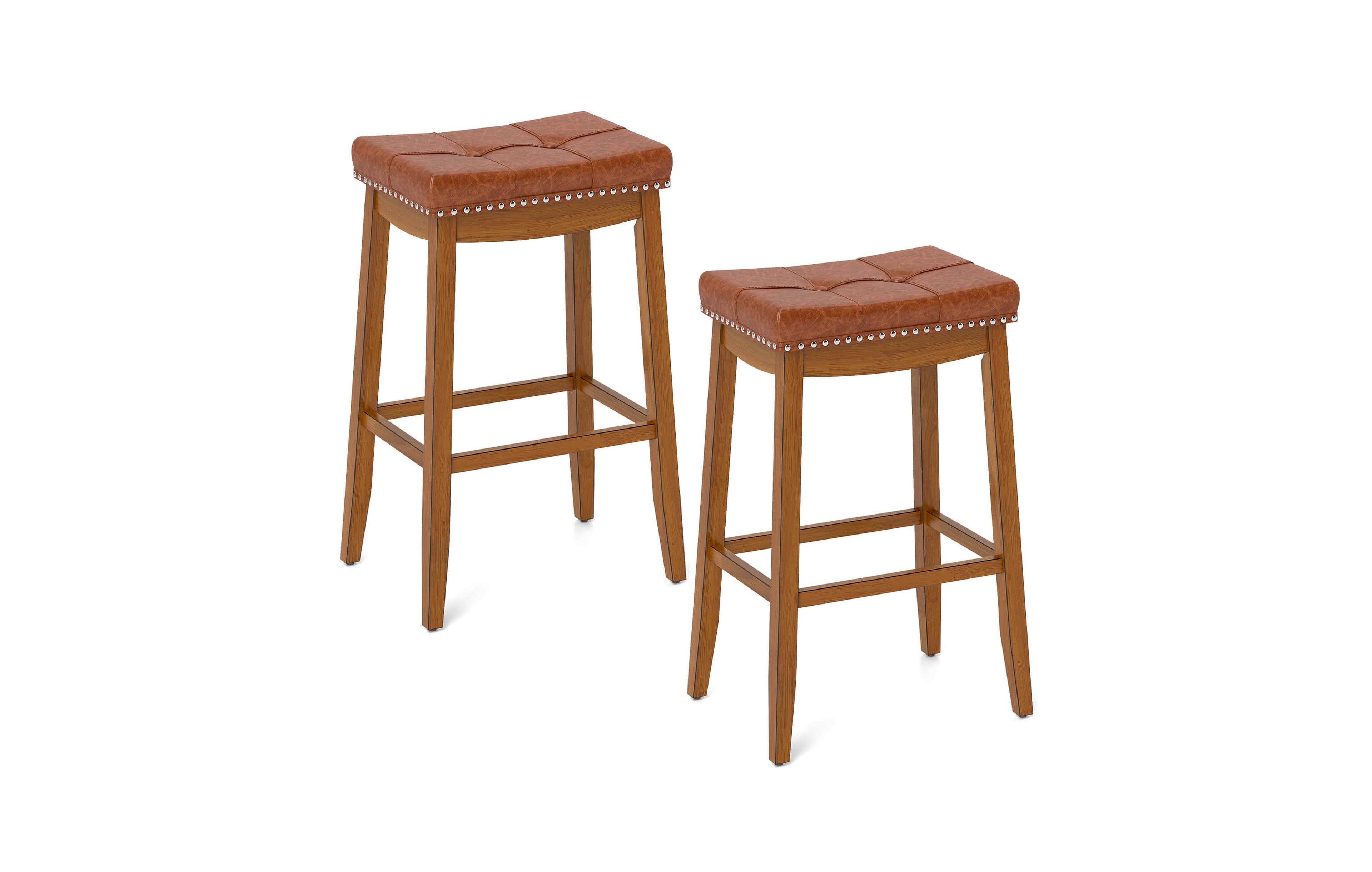 29" Bar Height Stools Set of 2 with Pu Leather Seat Solid Rubber Wood