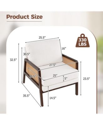 Mid Century Modern Accent Chair Living Room Armchair with Rattan Arms Wooden Frame