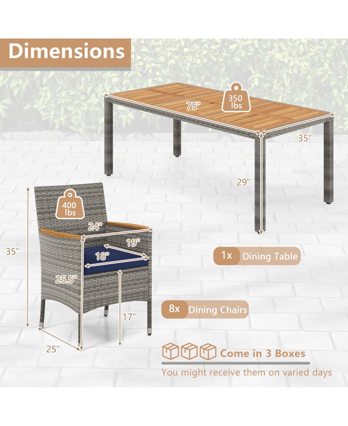 9 Pcs Patio Dining Set for 8 Table and Pe Rattan Chairs with 2" Umbrella Hole