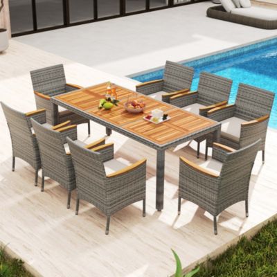 9 PCS Patio Dining Set for 8 Table and PE Rattan Chairs with 2"