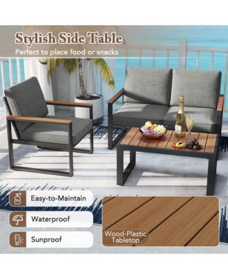 4 PCS Patio Aluminum Furniture Set Wood-Plastic Armrests & Tabletop for Balcony