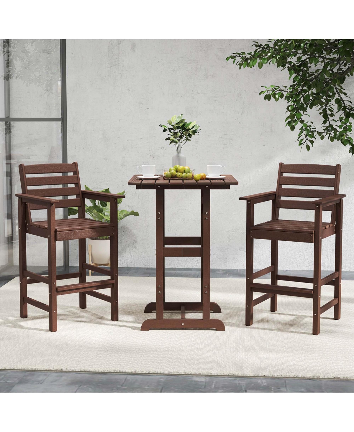 3-Piece Patio Hdpe Bar Set Armchairs with Square High-Top Table Footrest and Backrest
