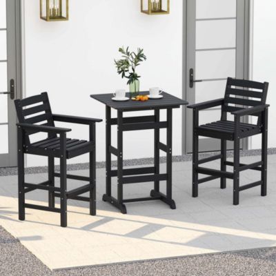 3-Piece Patio HDPE Bar Set Armchairs with Square High-Top Table Footrest and Backrest