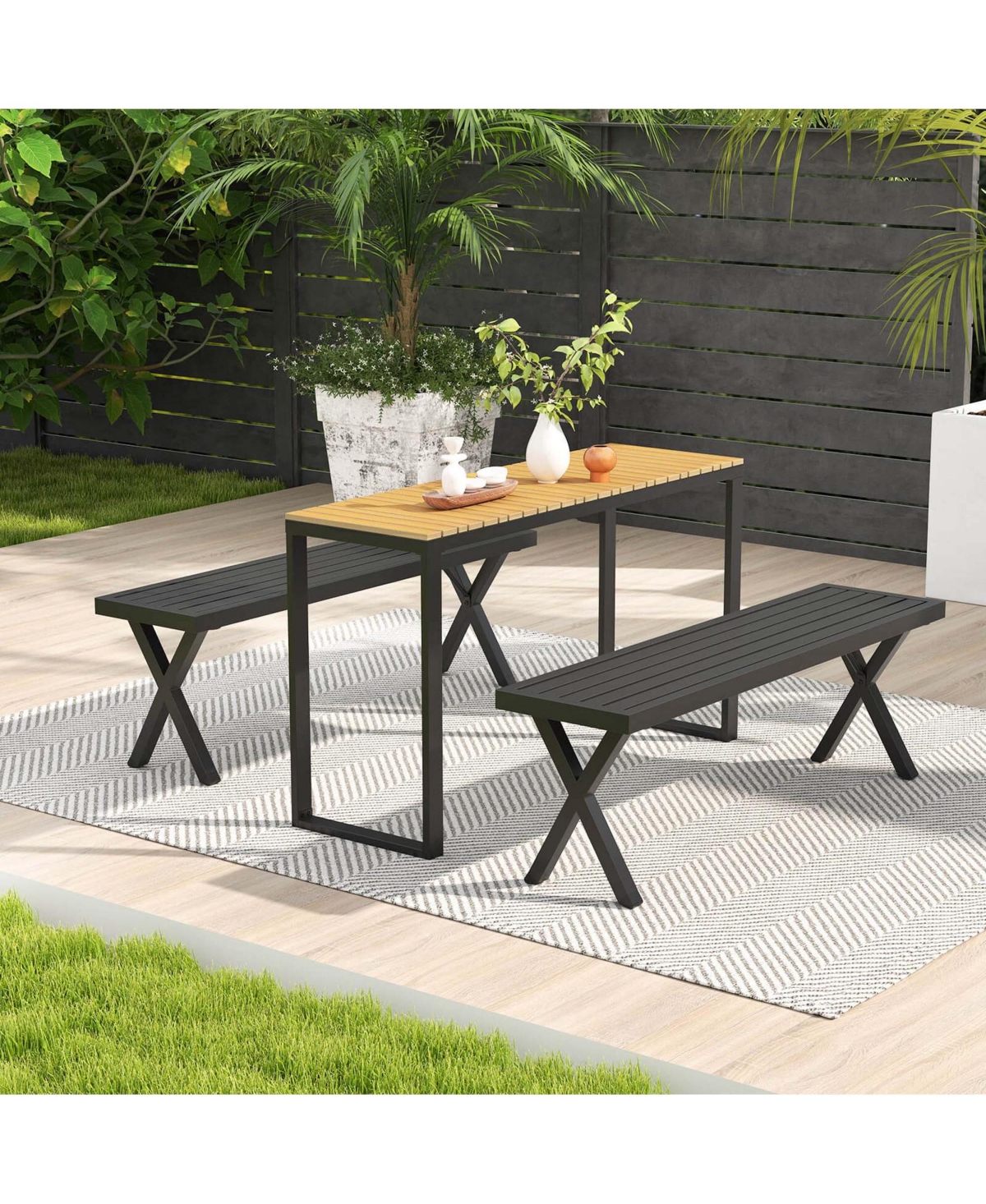 Pcs 54" Patio Metal Bench with Slatted Seat & X Legs Backless Loveseat for Yard