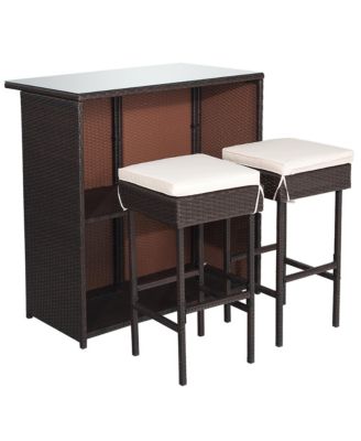 3PCS Patio Rattan Wicker Bar Table Stools Dining Set Cushioned