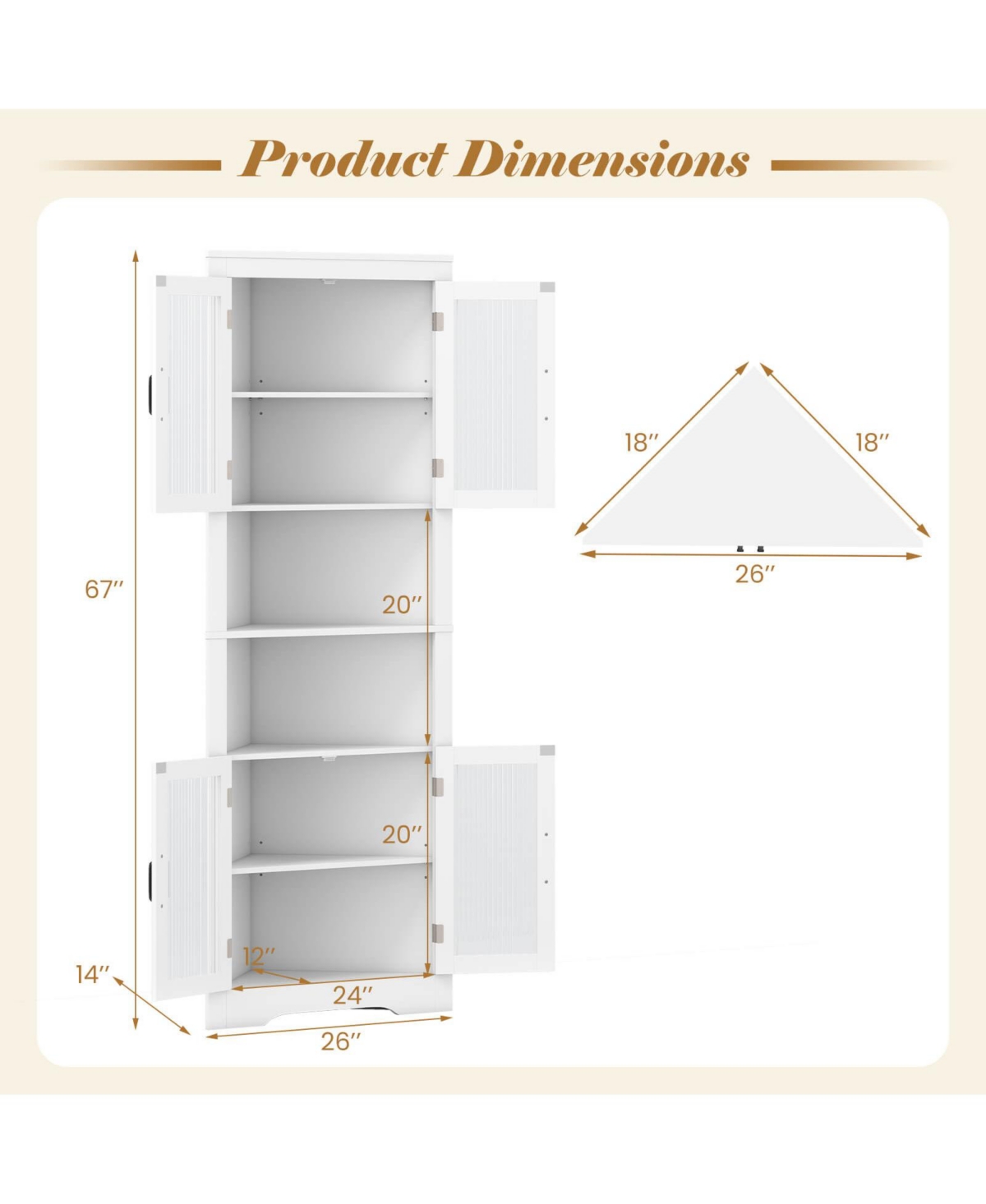 67" Tall Corner Hutch with 4 Fluted Glass Doors 3-Level Adjustable Shelves