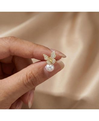Elegant 14K Gold Plated Pearl & CZ Pave Butterfly Earrings