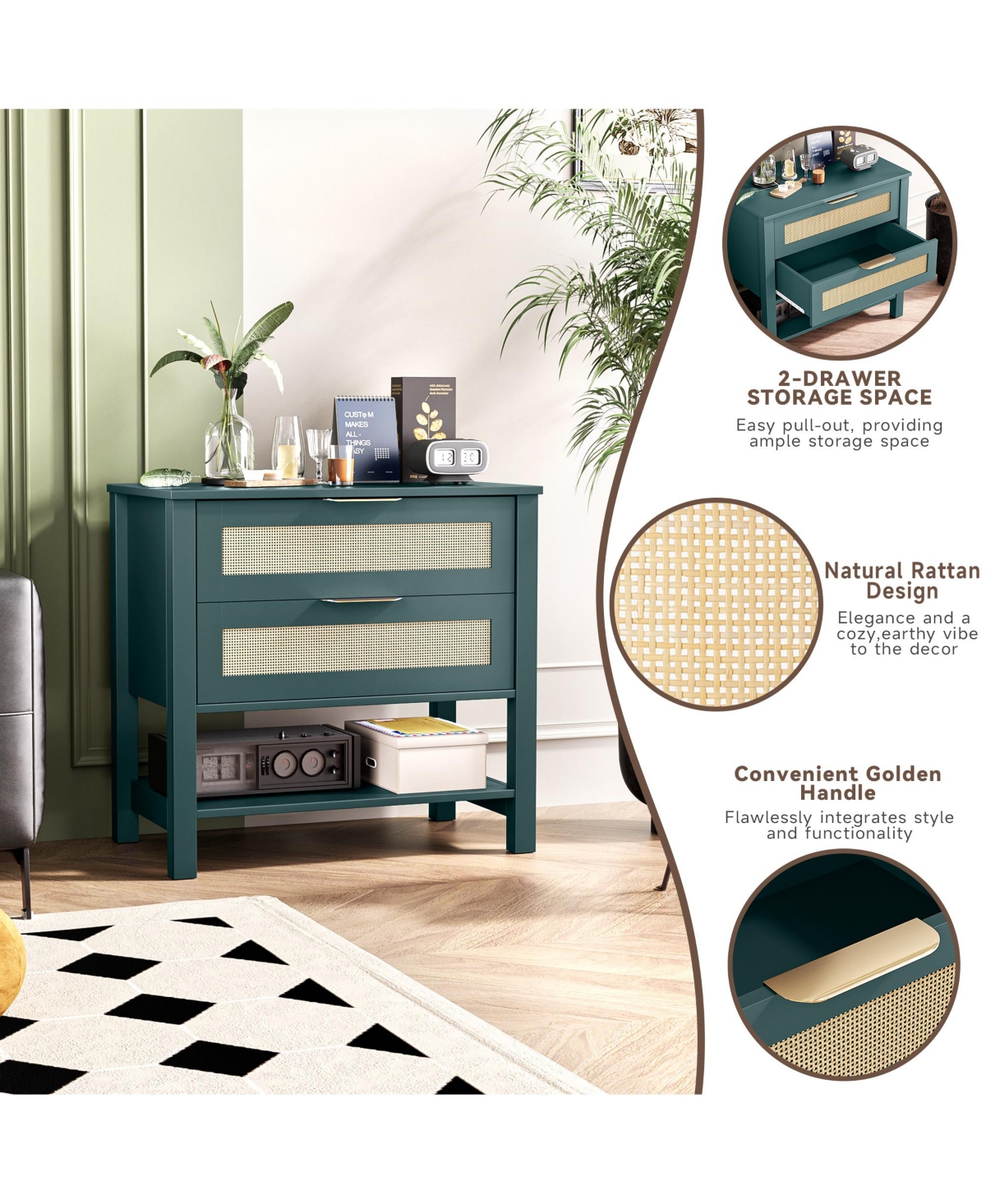 Rainsken Rattan Nightstand with 2 Drawers, Open Shelf & Handles for Bedroom or Living Room