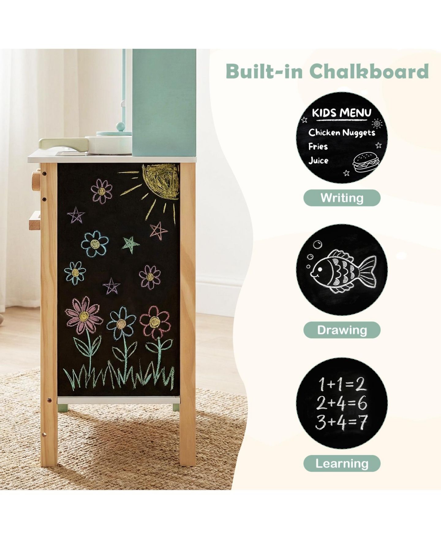 Детские игрушки Mecale Wooden Chalkboard 13-Piece Play Kitchen, Ages 3+, цвет: Зелёный — фото 6