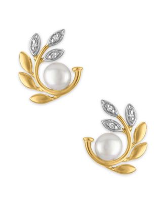 Cultured Freshwater Pearl (4mm) & Diamond Accent Olive Branch Earrings in 14k Gold Over Sterling Silver