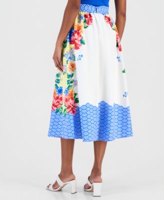 Women's Printed Belted Pull-On Midi Skirt