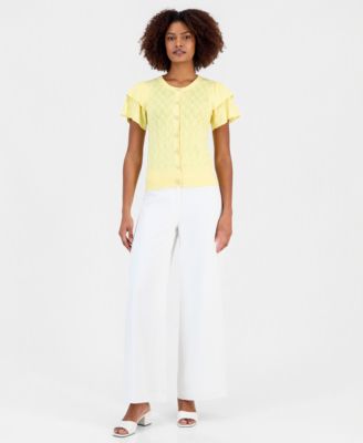 Women's Pointelle Flutter-Sleeve Cardigan Sweater