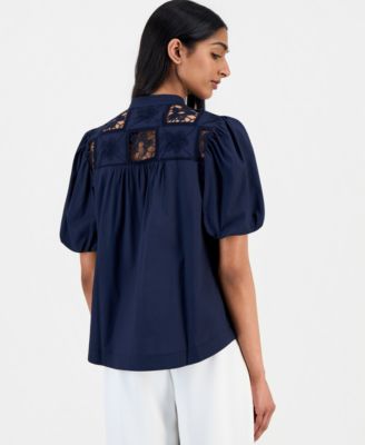 Women's Split-Neck Lace-Yoke Puff-Sleeve Top