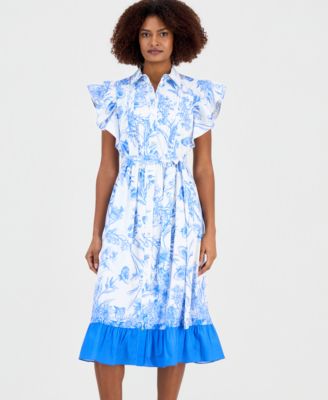 Women's Flutter-Sleeve Ruffled-Hem Shirt Dress