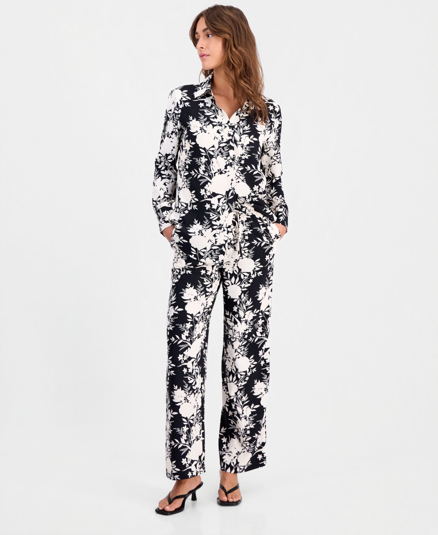 Женская рубашка Bar III Floral-Print Button-Front, цвет: Чёрный / Белый — фото 2