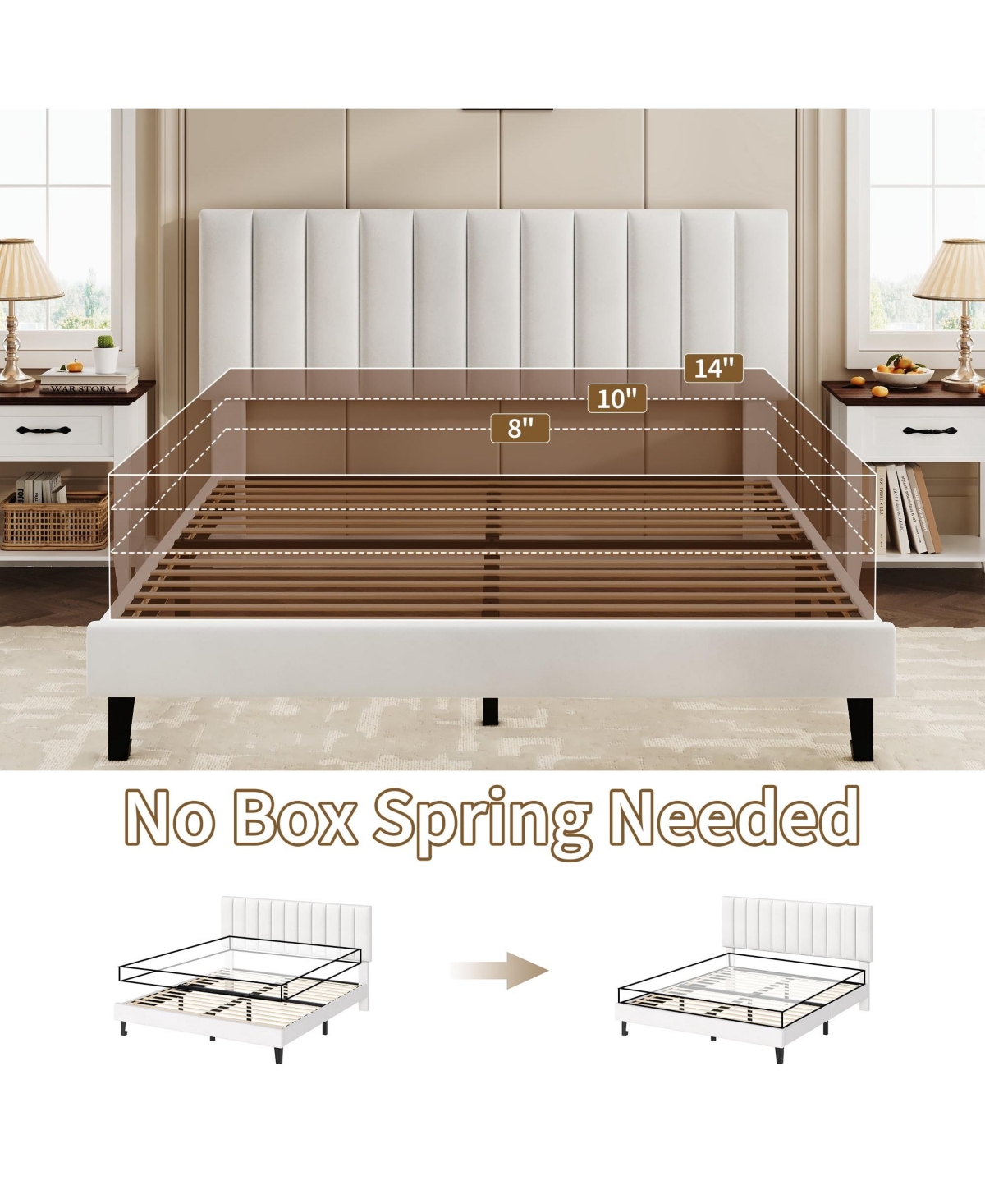 gaomon Bed Frame and Upholstered Headboard with Adjustable Vertical Channel Tufted Headboard