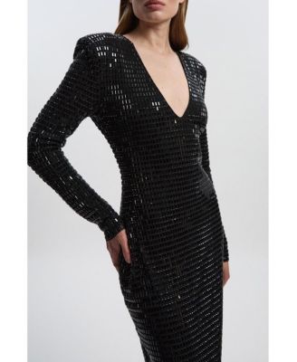 Women's Long Sleeve Plunge Neck Midi Dress