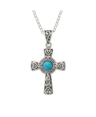 925 Sterling Silver 18 Inch Oxidized Simulated Turquoise Religious Faith Cross Necklace