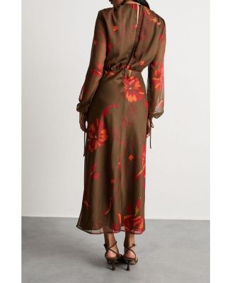 Women's Printed V Neck Tie Detail Midi Dress