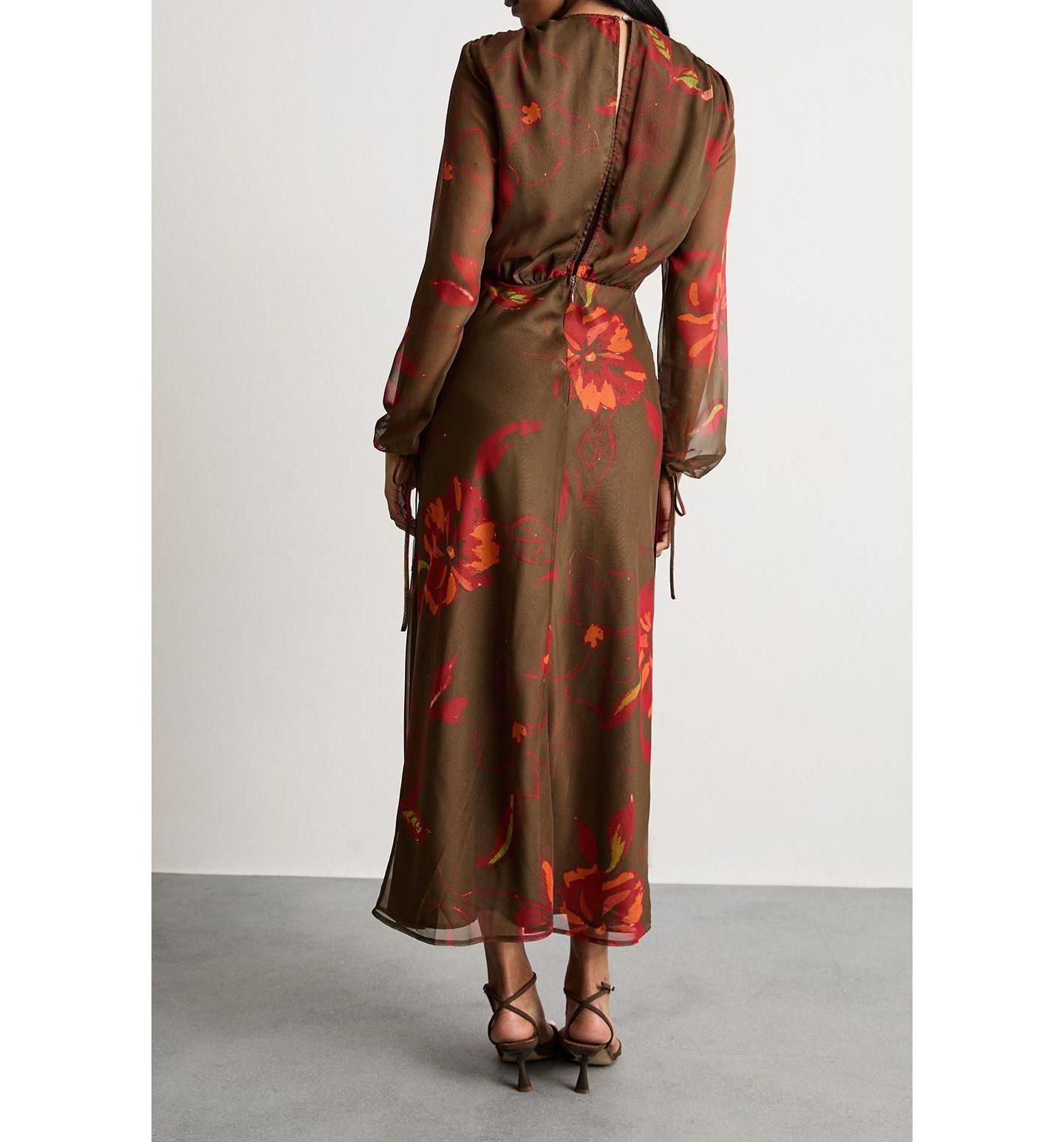 Женское платье Warehouse Printed V Neck Tie Detail Midi, цвет: Коричневый — фото 4