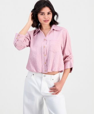 Petite Smocked Collar Bubble-Hem Striped Collared Shirt