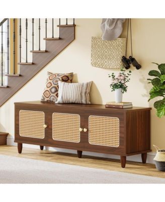 Shoe Storage Bench - Rattan Shoe Cabinet with Lift Top and 3 Doors Design for Entryway, Living Room