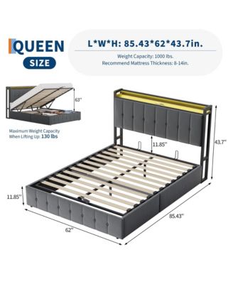 Lift Up Bed Frame with Charging Station & LED Lights,Upholstered Bed with Storage Headboard