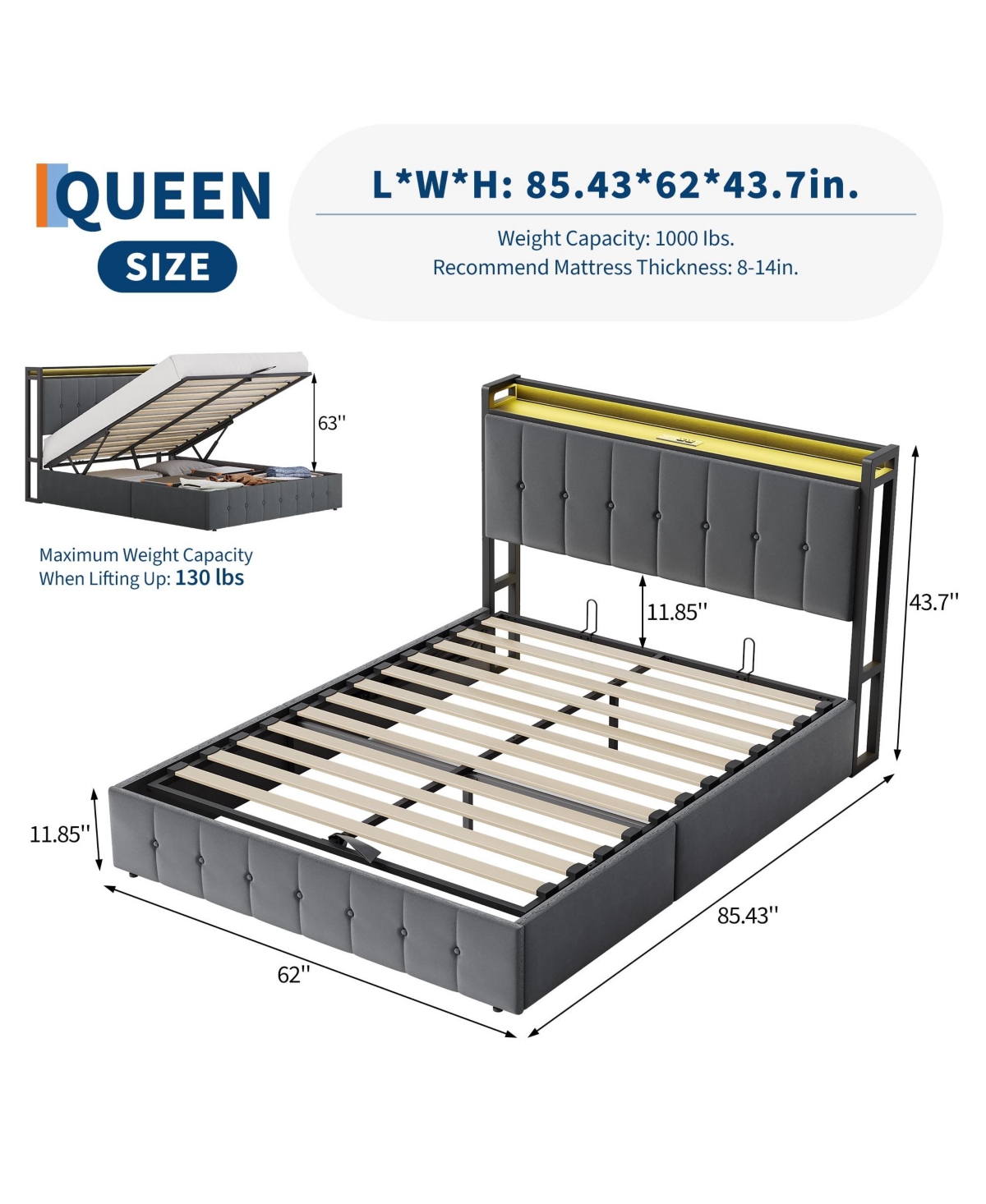 gaomon Lift Up Bed Frame with Charging Station & Led Lights,Upholstered Bed with Storage Headboard