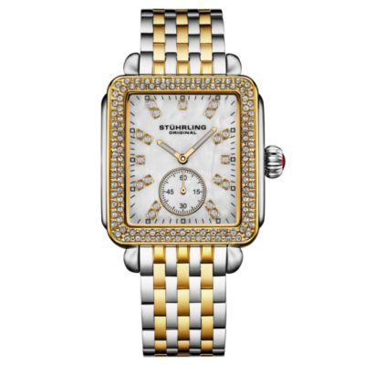 Women s 4090 34mm Crystal-Accented Rectangular Stainless Steel Bracelet Watch with Mother-of-Pearl Dial