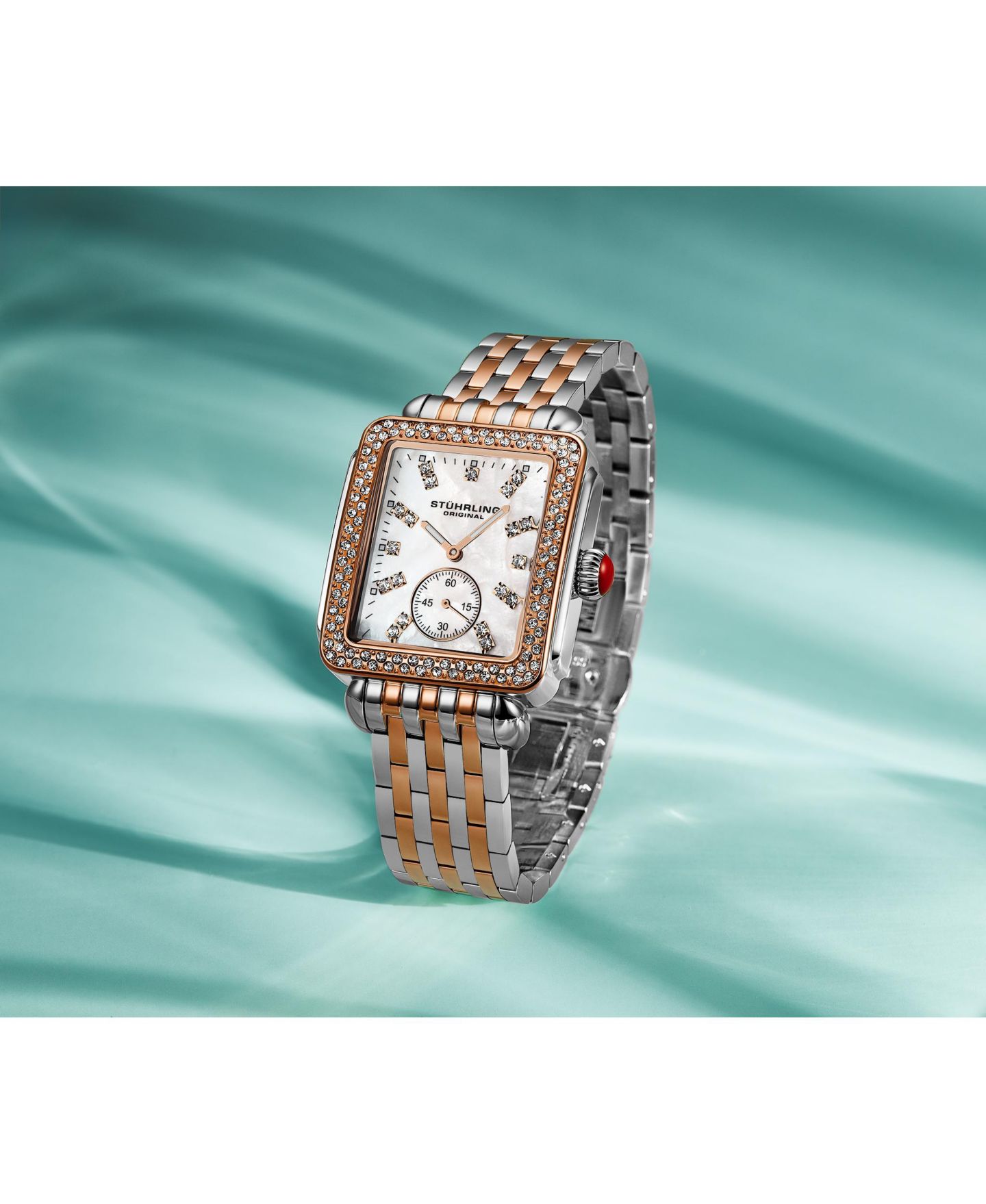 Женские часы Stuhrling Women s 4090 34mm Crystal-Accented Rectangular Stainless Steel Bracelet Watch with Mother-of-Pearl Dial, цвет: Розовый — фото 5