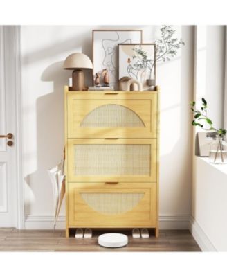 Shoe Cabinet with 3 Flip Drawer, Shoe Storage Cabinet with Narrow Rattan Weave Shoe Cabinet for Entryway, Farmhouse Style Shoe Organizer