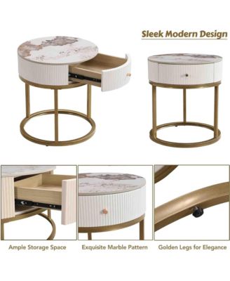Marble Round Nightstand, Modern End Table with Drawer and Gold Metal Frame, Bedside Storage Table for Living Room Bedroom