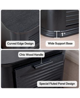 Fluted Nightstand, Wood 3 Drawer Bedside Table, Round Corner End Table with Storage, Curved Profile Design for Bedroom