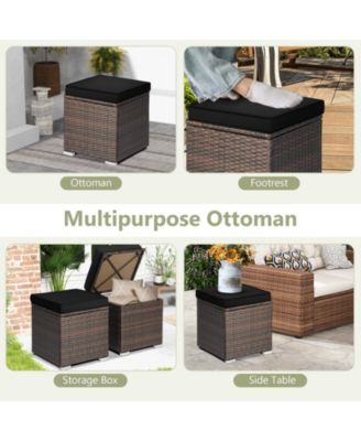 2PCS Rattan Ottomans Seat Side Table Storage Box Footstool w/ Black Cushion Patio