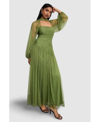 Women's Bow Detail Gathered Tulle Maxi Dress