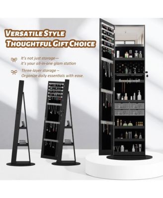 360° Swivel Lockable Rattan Jewelry Cabinet with Full Length Mirror and Display Shelves