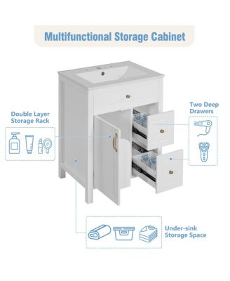 Bathroom Vanity with Ceramic Sink, Soft Close Door & Drawers, Double Storage Racks for Small