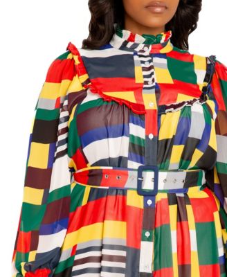 Plus Size Plaid Ruffle Collar Shirt Dress