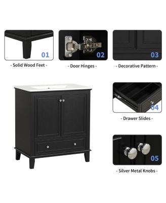 30" Bathroom Vanity with Sink, Multi-Functional Storage Cabinet with Doors and Drawer, Solid Wood & MDF for Small Bathrooms