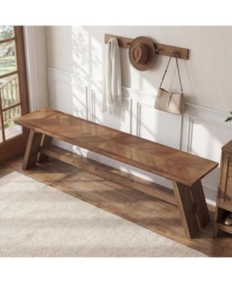 63 Inch Extra Long Solid Wood Entryway Bench, 2-Tier Farmhouse Shoe Storage Bench with Unique Herringbone Pattern